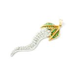 Fine high carat gold diamond and emerald pendant . Measures 7cm x 2cm wide. Weighs 10.4 grams