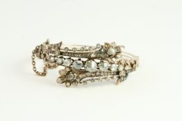Tests 15ct Gold. Victorian Rose Diamond Bangle w / Safety Chain.