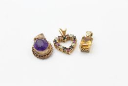 3 x 9ct gold gemstone set pendants inc. ruby, sapphire, clear gemstone, citrine, diamond &