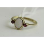 Fine 9ct gold opal and ruby ring, set in 9ct gold marked with a natural opal, flanked with a ruby