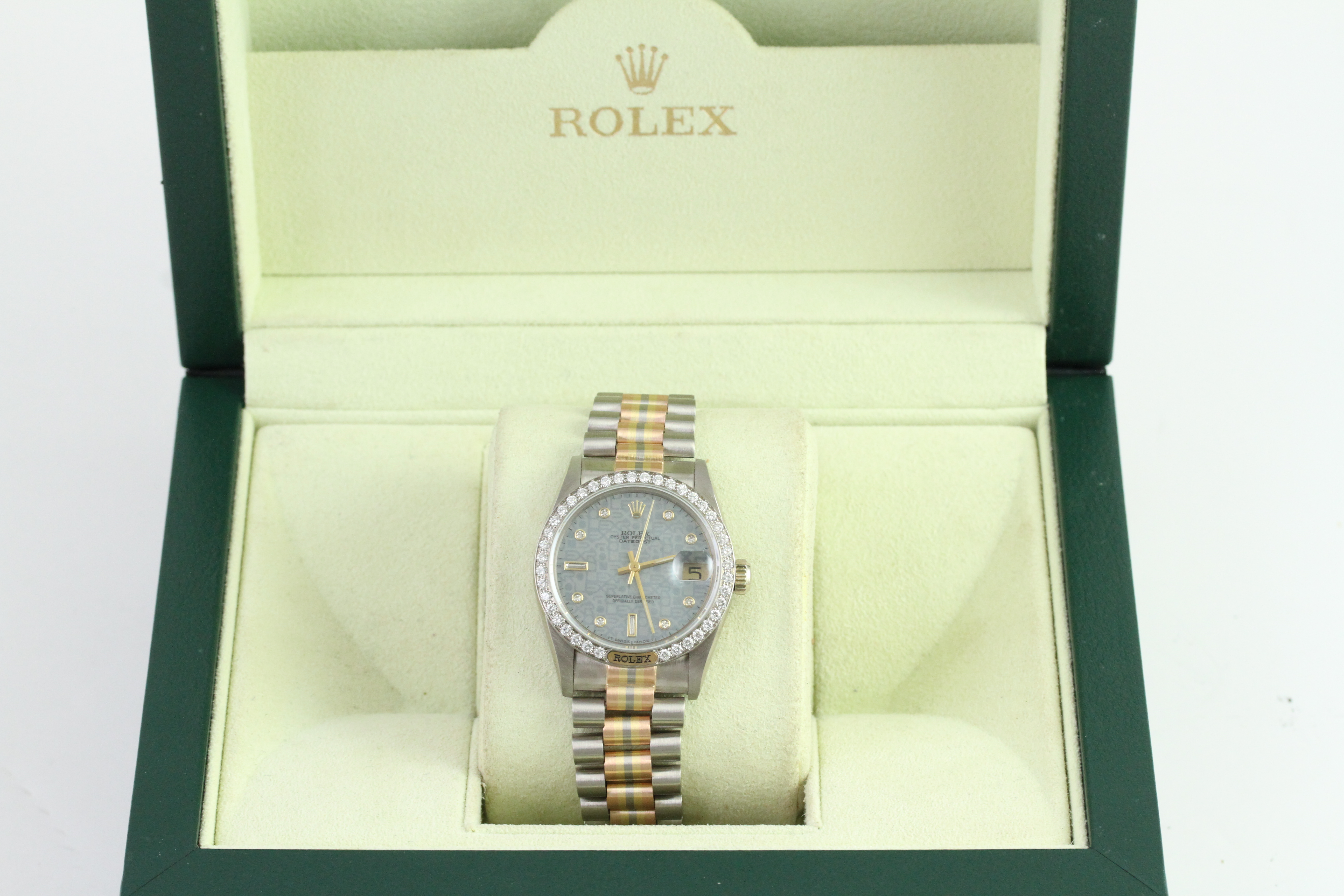 MIDSIZE 18ct ROLEX TRIDORE REFERENCE 68279B, Blue Jubilee diamond dot dial, Rolex diamond bezel with