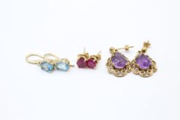 3 x 9ct gold paired gemstone stud and drop earrings inc. ruby, topaz & amethyst (5.1g)