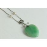 Art Deco white gold diamond and jade heart pendant necklace. Set in white gold with two cultured