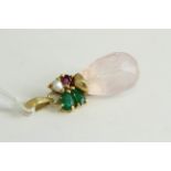 Fine 18ct gold emerald and rose quartz drop pendant. Set with emeralds, ruby and a pearl and a large