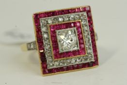 Antique Art Deco ruby and rose cut diamond ring. Set in 18ct gold with rose cut diamonds and