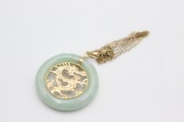 9ct gold dragon centred jade pendant on chain (7.5g)