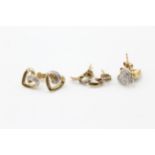 3 x 9ct gold paired diamond stud earrings inc. hearts & spiral (3.2g)