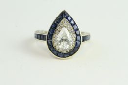 14K Sapphire & Diamond Pear-shaped Ring. Central Pear 1ct.