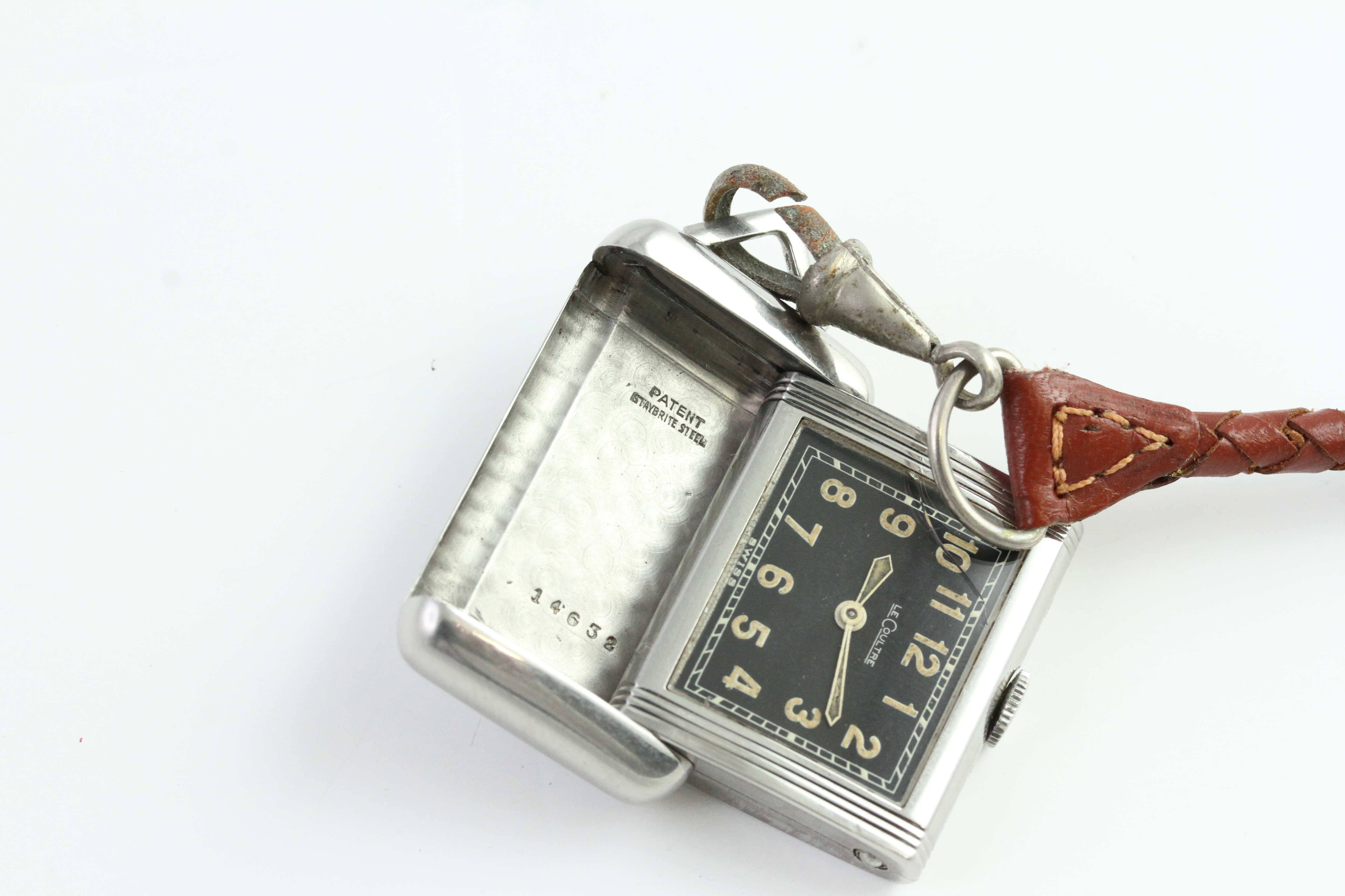 RARE LECOULTRE REVERSO POCKETWATCH CIRCA 1930S, rare black rectangular dial with patina lume - Image 4 of 6