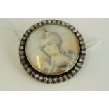 Antique rose gold and silver diamond hand painted miniature portrait locket brooch . Set in rose