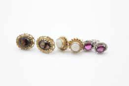 3 x 9ct yelow & white gold paired gemstone stud earrings inc. opal, garnet & smoky quartz (4.6g)