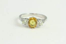 Platinum Oval Yellow Sapphire & Diamond 3-Stone Ring. YS1.70ct & D0.50ct.