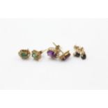 3 x 9ct gold paired gemstone stud earrings inc. emerald, sapphire, amethyst & diamond (2.5g)