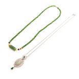 TWO JADE BEAD AND SILVER CABUCHON NECKLACE