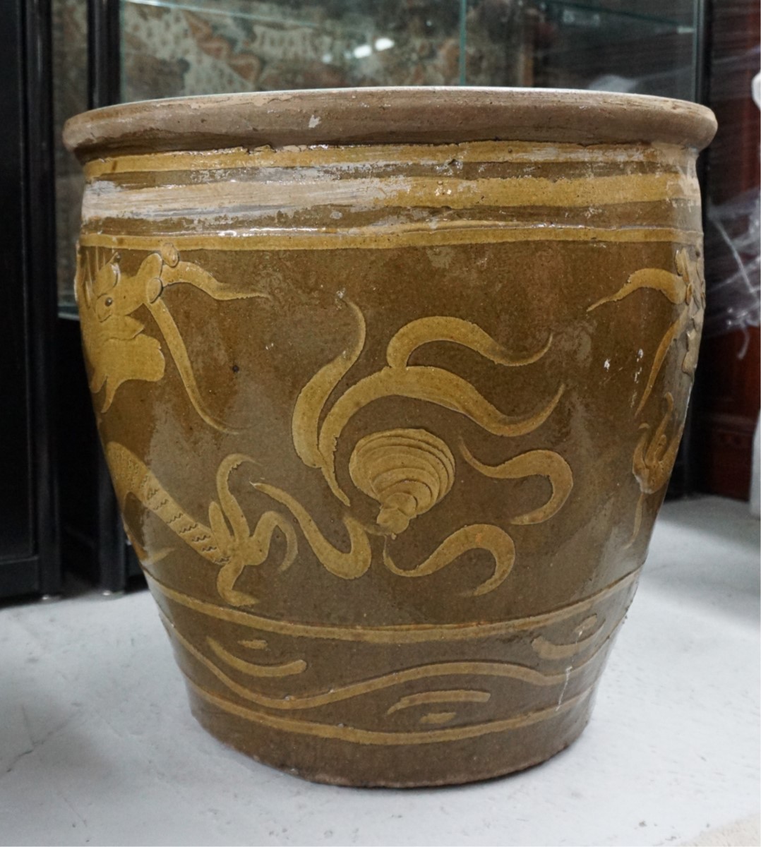 CHINESE GLAZED CERAMIC EGG POT WITH DOUBLE DRAGONS - Image 2 of 6