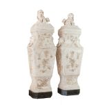 LARGE PAIR OF CARVED BONE VASES WITH LID