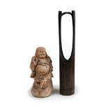 CARVED WOODEN PAIR OF BUDDHA AND WELL BUCKET