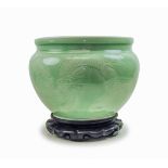 LARGE CELADON RELIEF DRAGON BOWL ON STAND