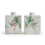 PAIR OF SQUARE PEACH BLOSSOM BOTTLES; QING DYNASTY