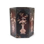 A MOTHER OF PEARL INLAID HEXAGONAL WOOD BRUSH POT