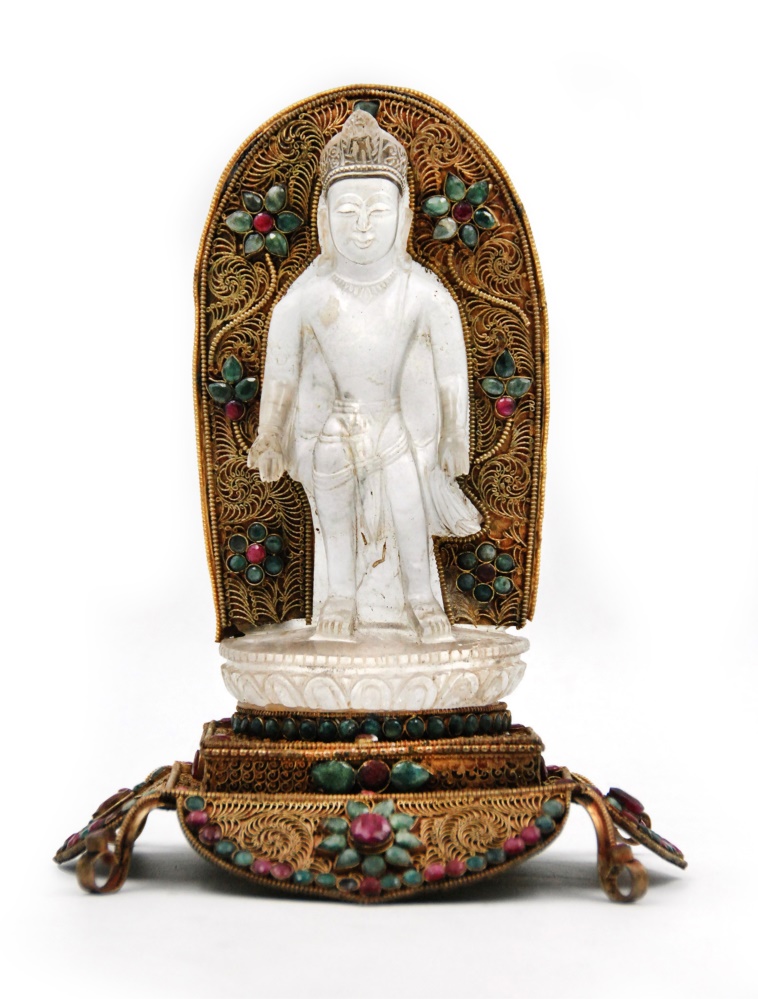 CRYSTAL BUDDHA WITH GILT MOUNT