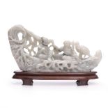 LARGE JADE BOAT WITH IMMORTALS, Signed