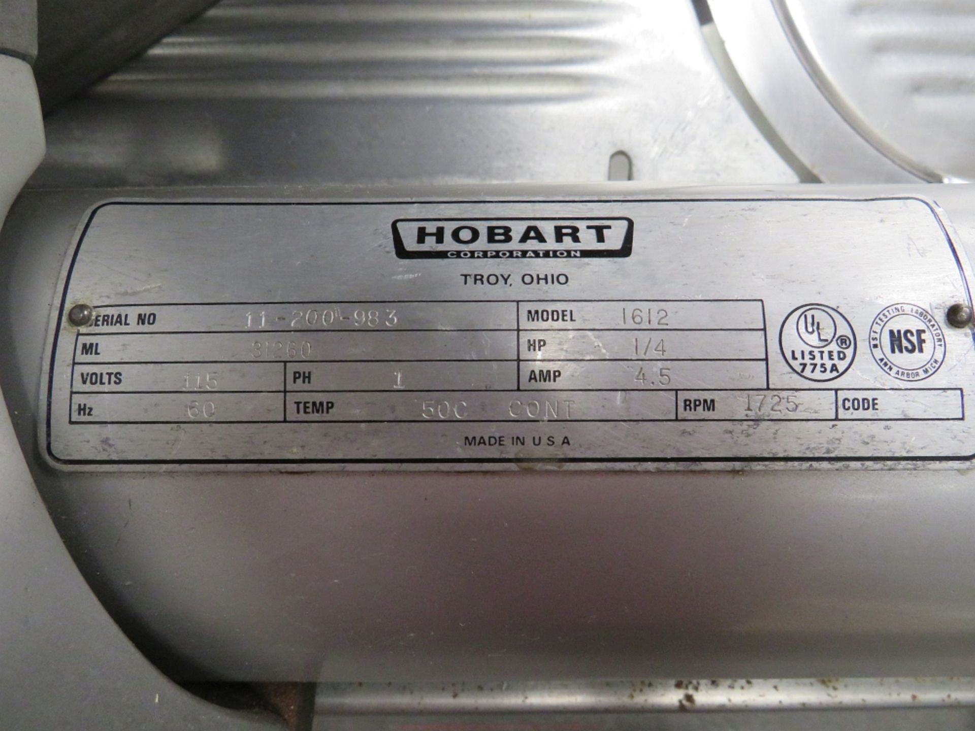 HOBART MEAT SLICER MDL 1612, SN 11-200-983, 1/4 HP, 115 V, SINGLE PHASE - Image 3 of 3
