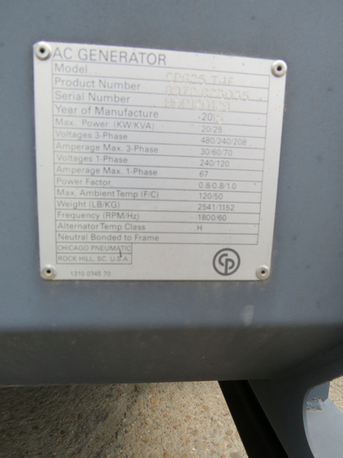 2015 Chichago Pneumatic Towable Quiet Generator, Mdl CPG251DT4F - Image 8 of 10