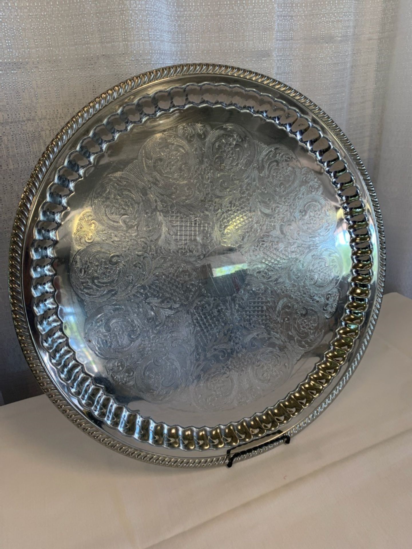 18" Round Silver Plate Trays- 2 of each design