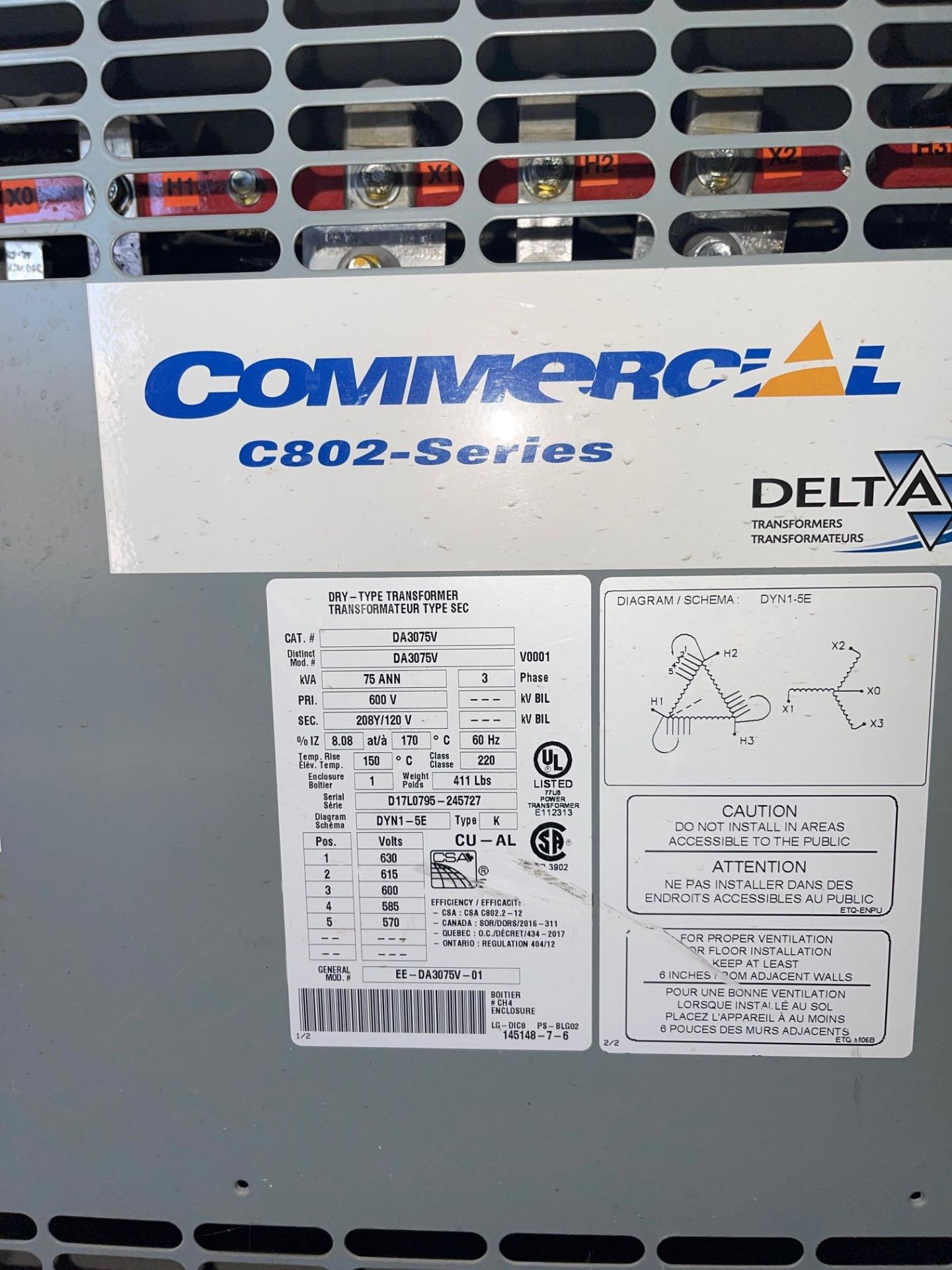 COMMERCIAL, C802 SERIES DELTA TRANSFORMER, 75 KVA, PRIMARY 600 V, SEC 208Y/120 V, 3 PHASE - Image 4 of 5