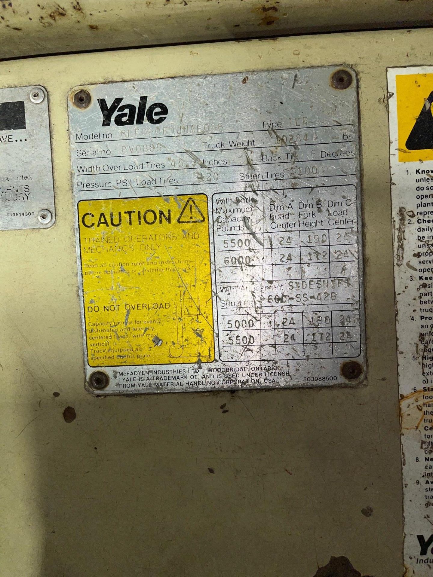YALE FORKLIFT, OUTDOOR, 5005 WEIGHT CAPACITY - Image 3 of 8
