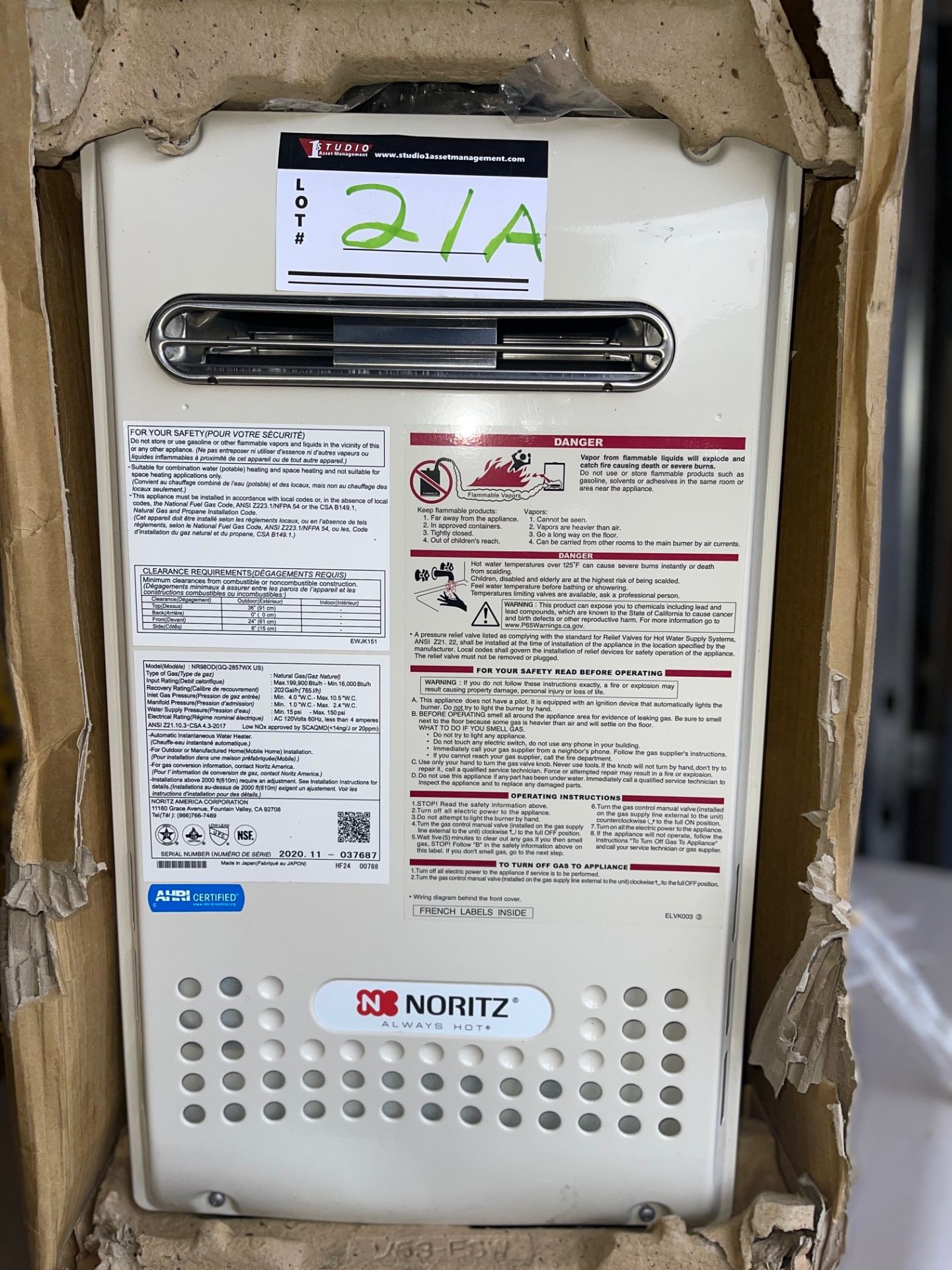 NORITZ, TANKLESS WATER HEATER, NR98 OD, GQ-2857WX US NG, GQ-2857WX US LP, .82 UNIFORM ENERGY FACTOR, - Image 2 of 3