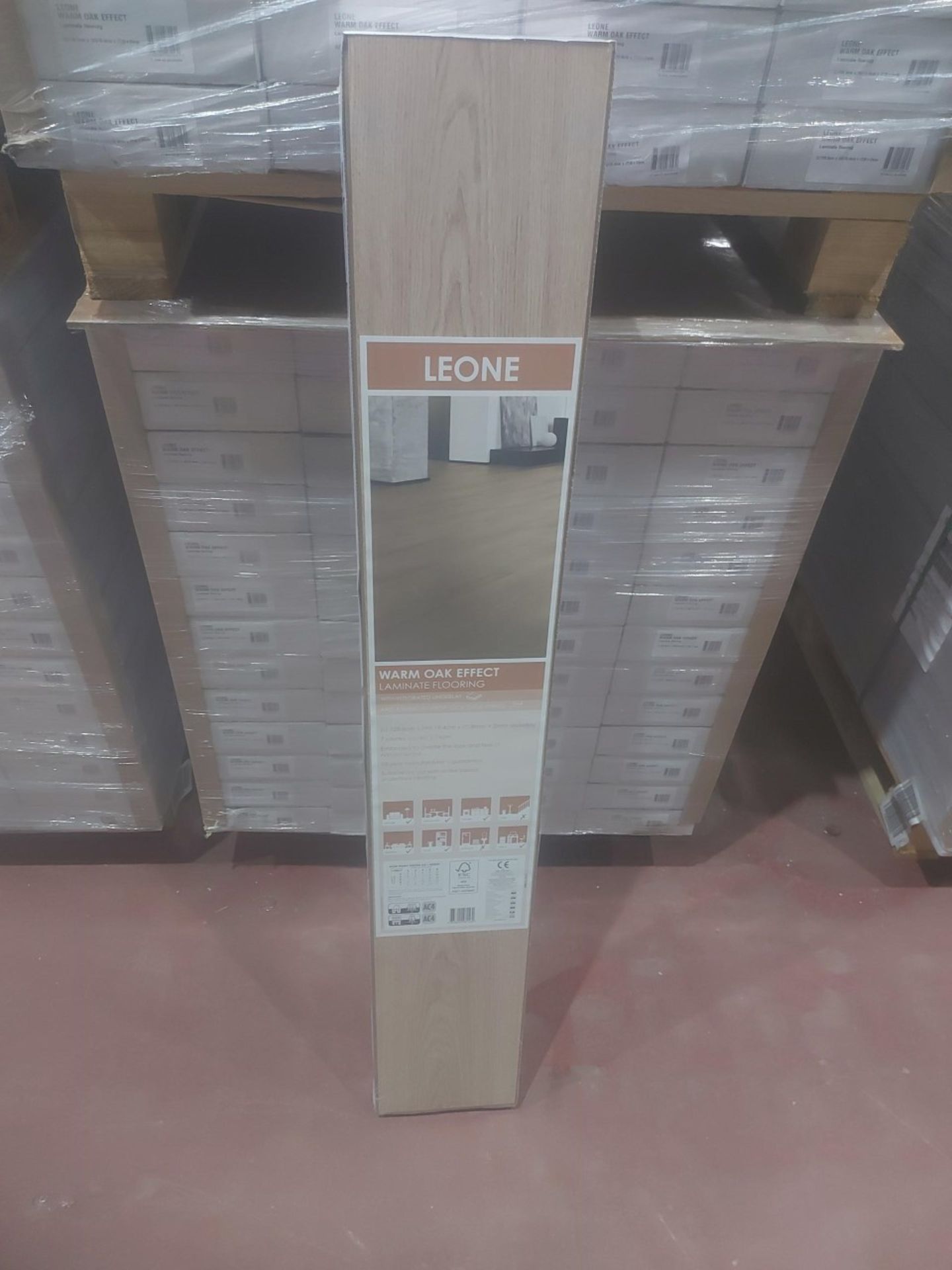 PALLET TO CONTAIN 52 X NEW SEALED PACKS OF LEON WARM OAK EFFECT LAMINATE FLOORING WITH INTEGRATED