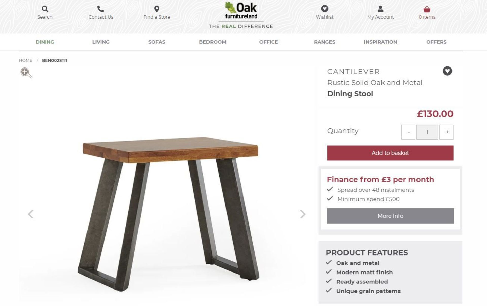 4 X NEW BOXED Cantelever Rustic Solid Oak & Metal Stool. RRP £130 EACH, TOTAL RRP £520. (
