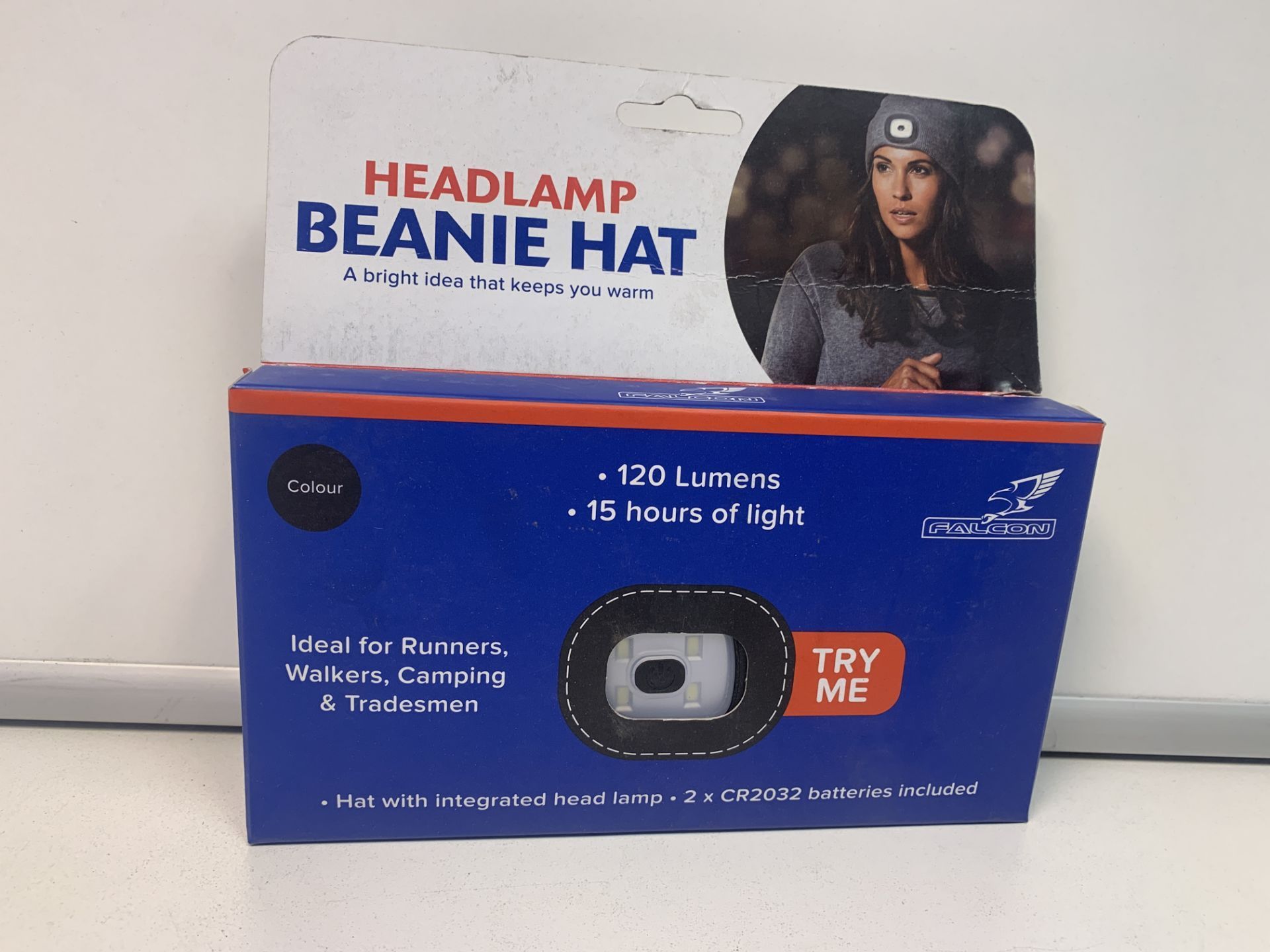 24 X NEW PACKAGED FALCON 120 LIMENS BEANIE HAT WITH INTEGRATED HEAD LAMP. (ROW6)