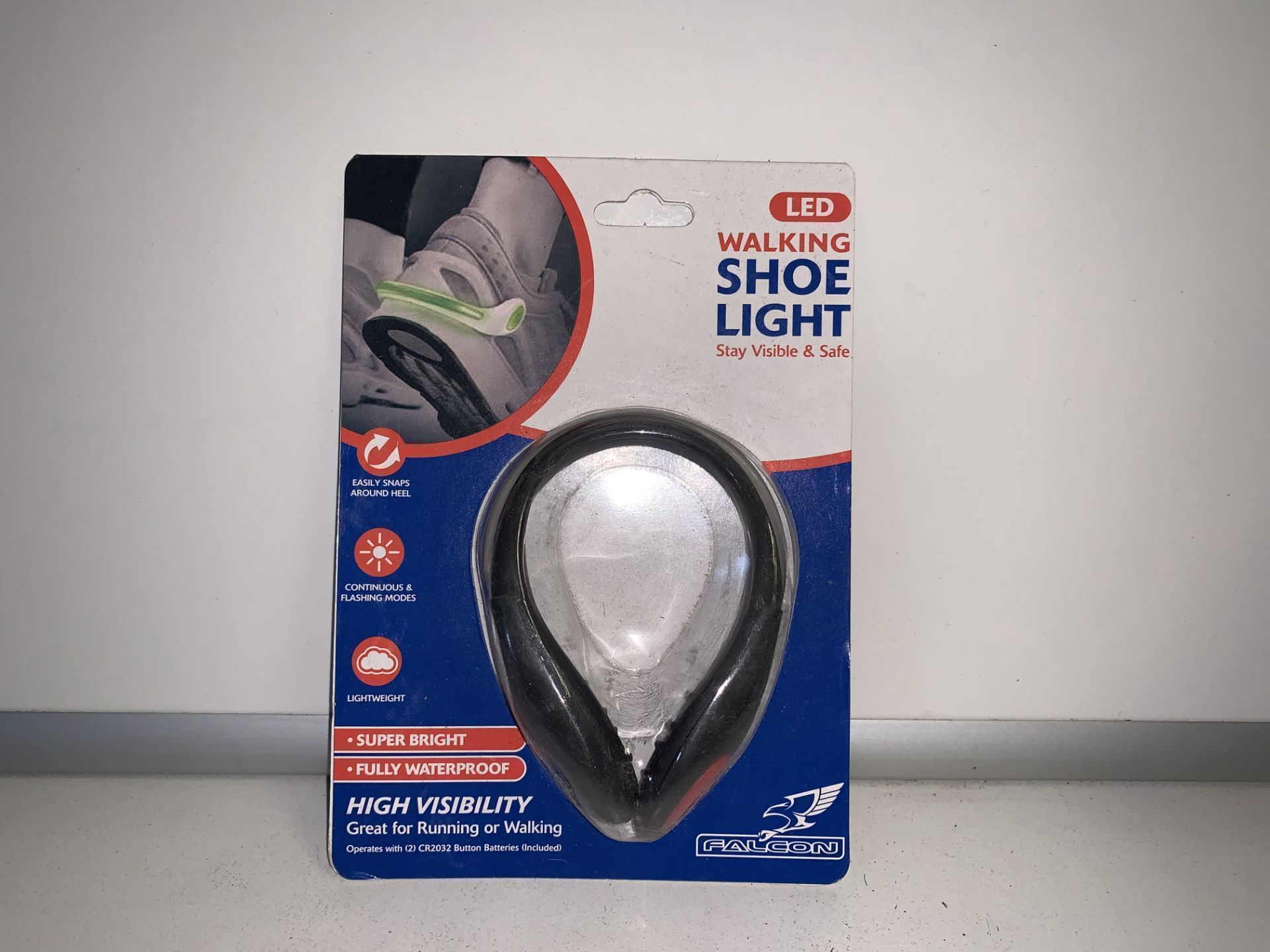 60 X NEW PACKAGED FALCON LED WALKING SHOE LIGHTS. STAY VISABLE & SAFE. RRP £9.99 EACH (ROW11)