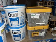 MIXED LOT INCLUDING 2 X PACKS OF 1000 TURBOGOLD 5.0 X 70MM SCREWS AND 4 X DIALL TUBS OF ADHESIVE AND