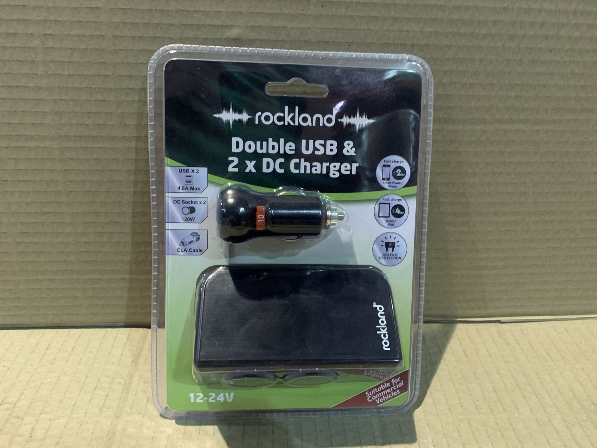 48 X NEW PACKAGED ROCKLAND DOUBLE USB & 2 x DC CHARGER. 12-24V. ALSO SUITABLE FOR COMMERCIAL