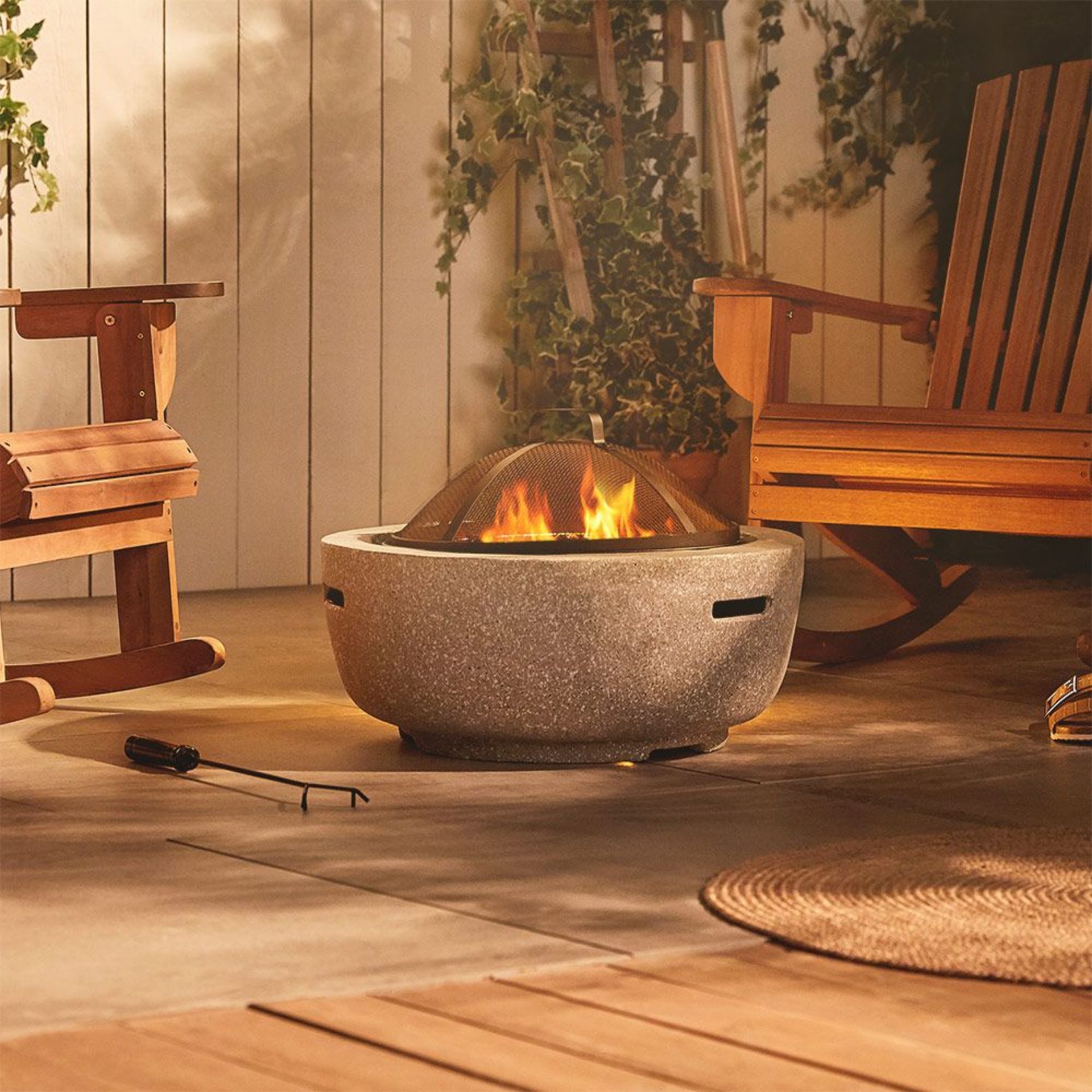 New Boxed - Luxe Round MgO Fire Pit. Don’t let the onset of evening curtail your day in the garden –