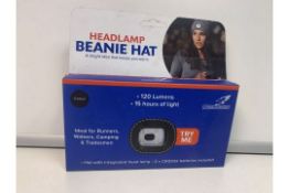 24 X NEW PACKAGED FALCON 120 LIMENS BEANIE HAT WITH INTEGRATED HEAD LAMP. (ROW6)