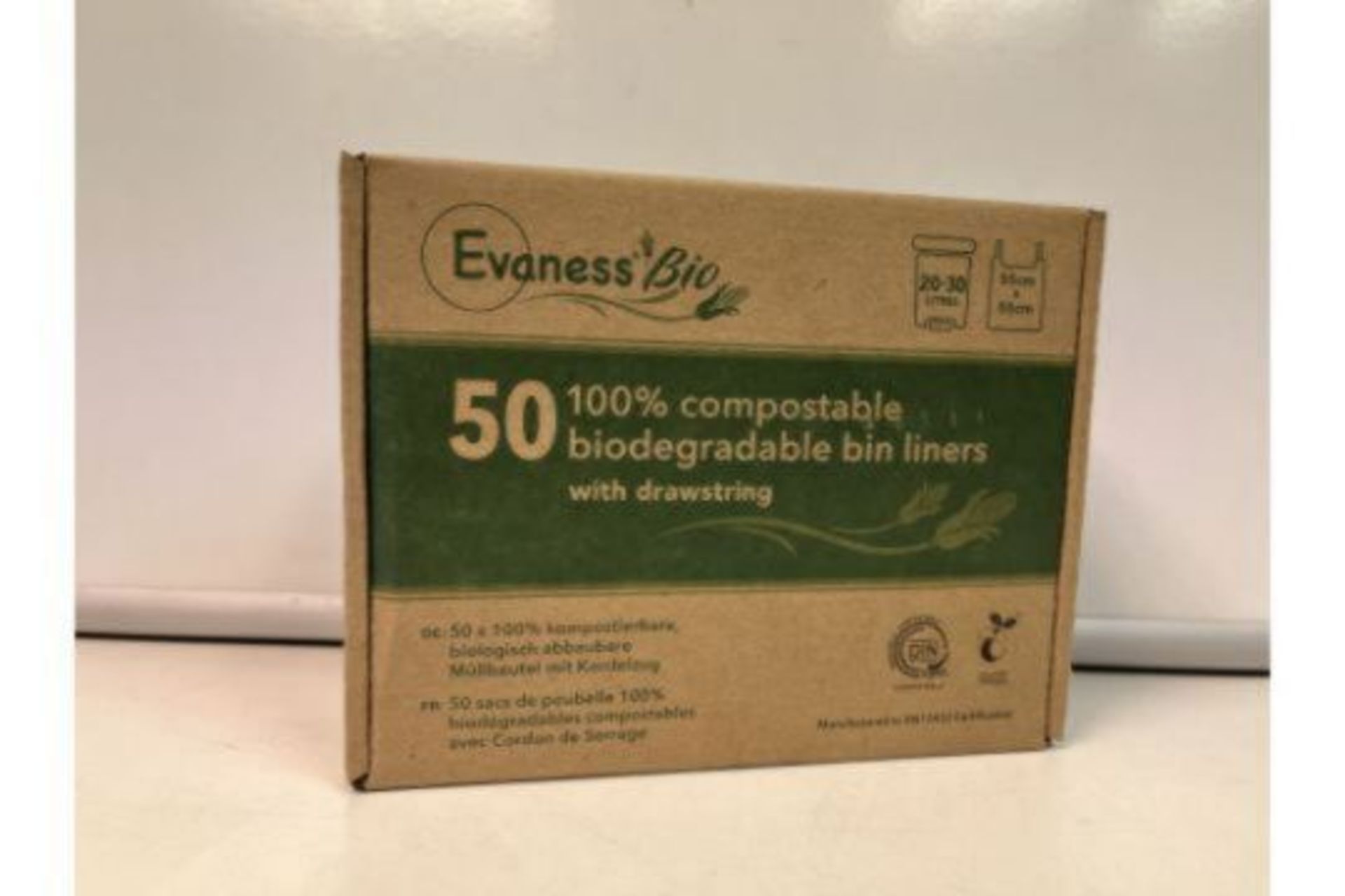 20 X NEW BOXES OF 50 EVANESS BIO 100% COMPOSTABLE BIODEGRADABLE BIN LINERS WITH DRAWSTRING. 20-