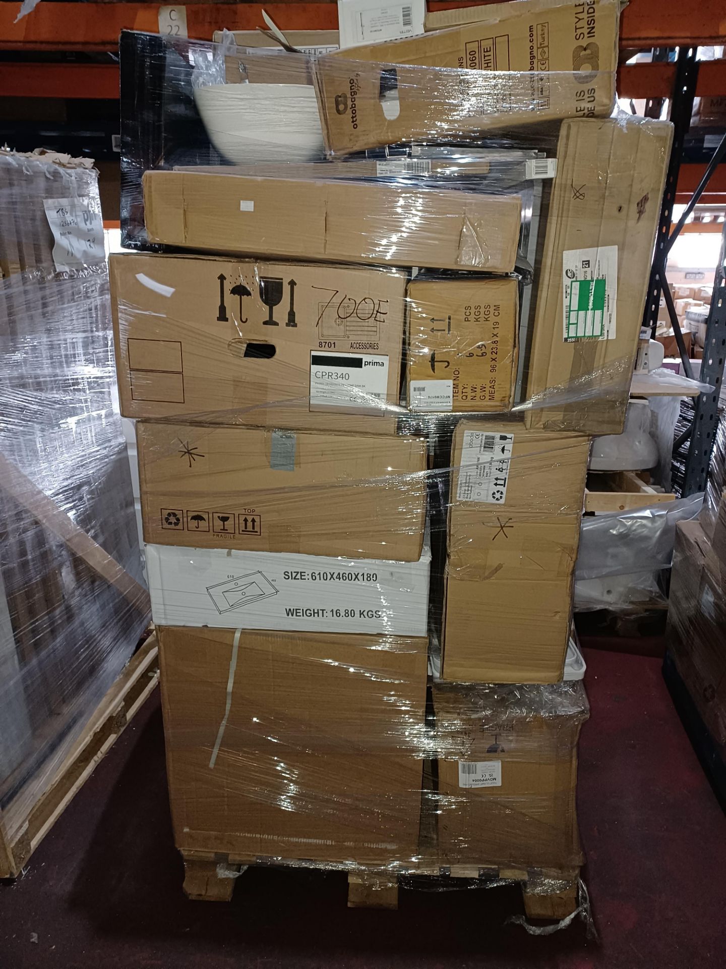 (700E) PALLET TO CONTAIN BATHROOM APPLIANCES INCLUDING; PRIMA SINKS, BASINS, AND MORE UNCHECKED