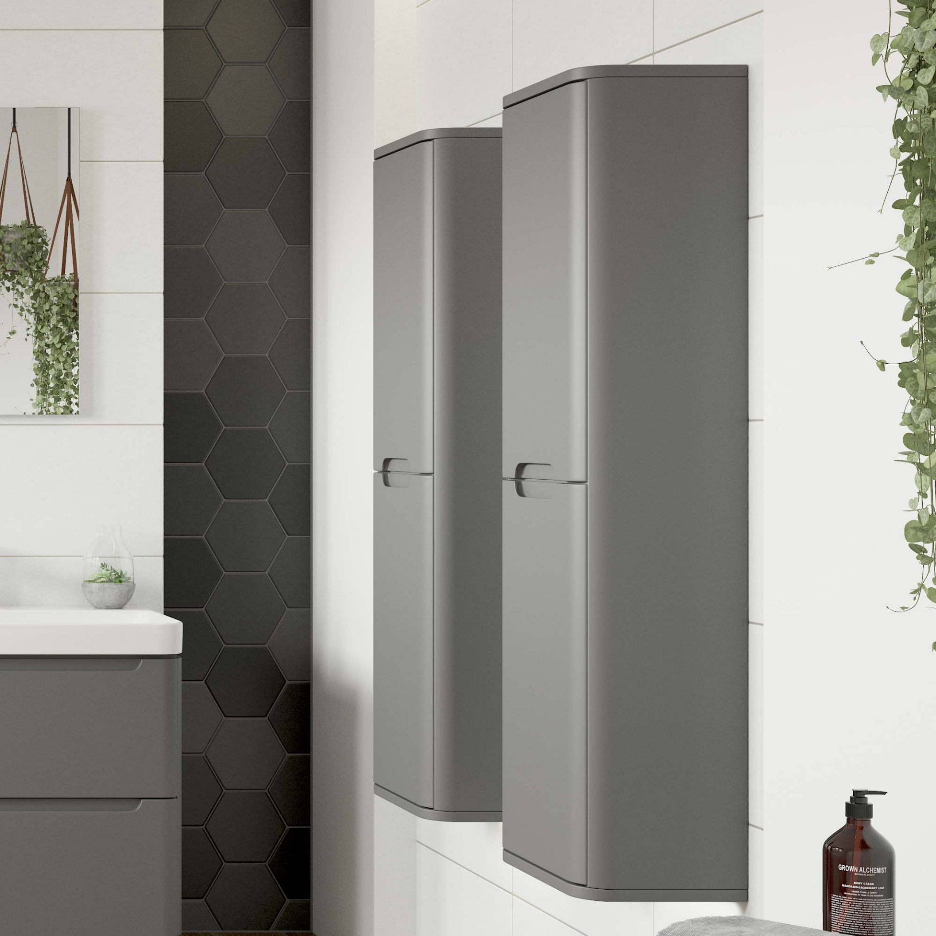 NEW & BOXED Lambra 350mm 2 Door Wall Hung Tall Unit - Matt Grey. RRP £259.14. The Lambra range of