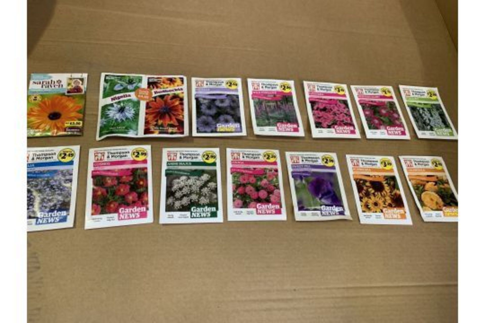 PALLET TO CONTAIN APPROX. 2,500 X ASSORTED NEW PACKS OF THOMPSON & MORGAN FLOWER SEEDS IN VARIOUS