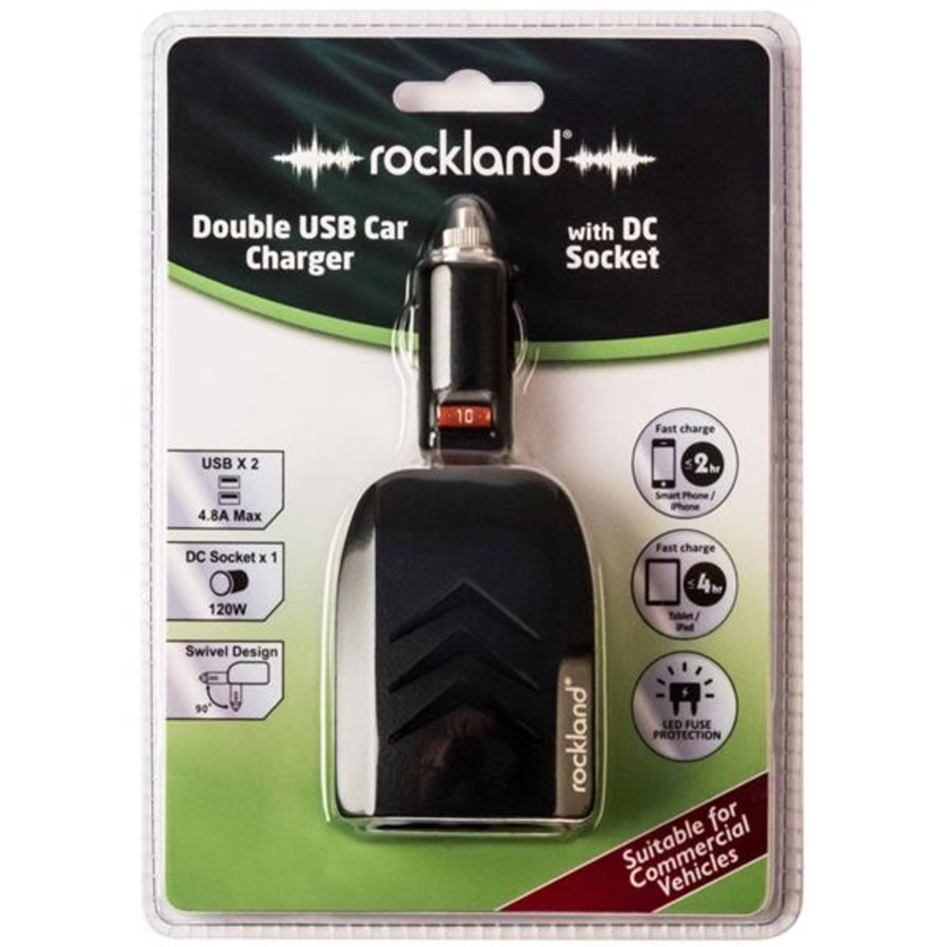 64 X BRAND NEW ROCKLAND DOUBLE USB CAR CHARGERS WITH DC SOCKET (row2top)