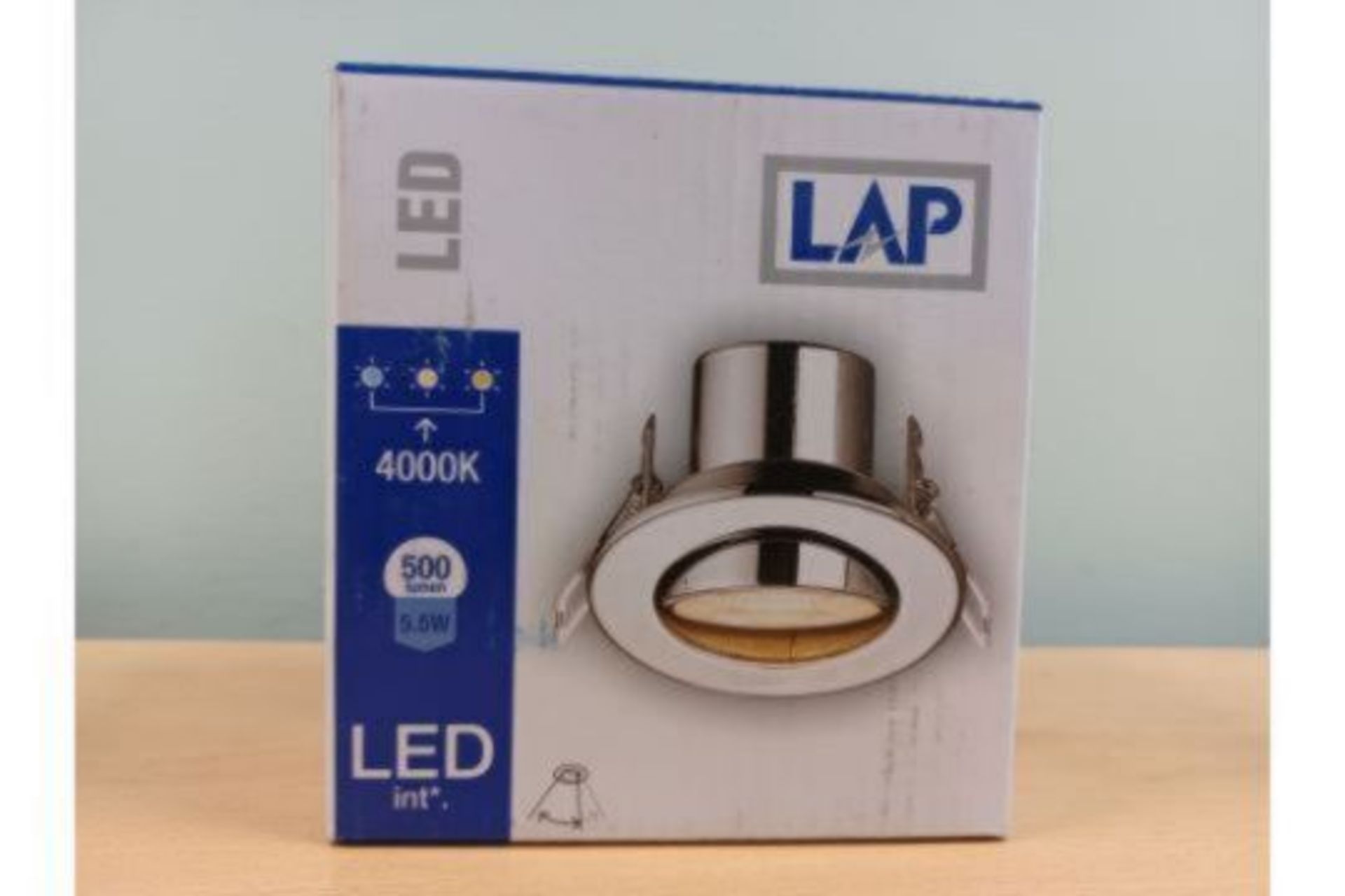 12 X NEW BOXED LAP LED CHROME DOWNLIGHTS. ROTATABLE. 370 LUMEN. 5W. 3000K. 20,000 HOURS LIFE. (ROW