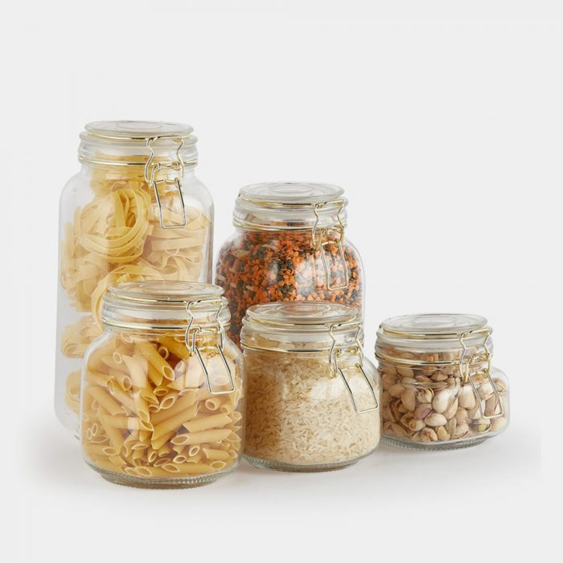 7 X BRAND NEW SETS OF 5 GLASS STORAGE JARS WITH GOLD CLIP TOP FOR PASTA, BUSCUITS, SUGAR, PERFECT