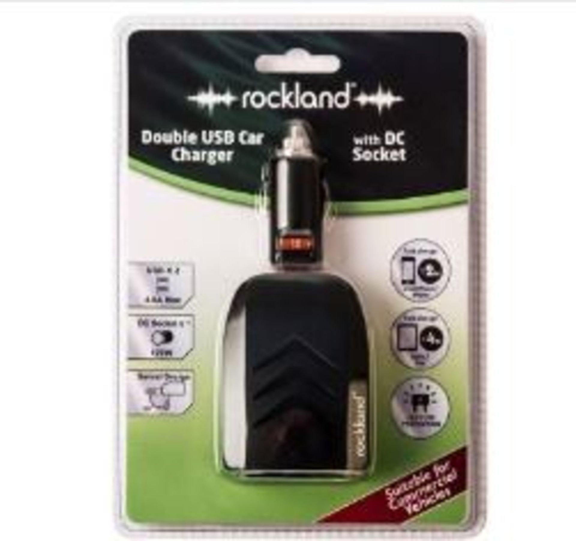 64 X BRAND NEW ROCKLAND DOUBLE USB CAR CHARGERS WITH DC SOCKET (ROW15TOP)