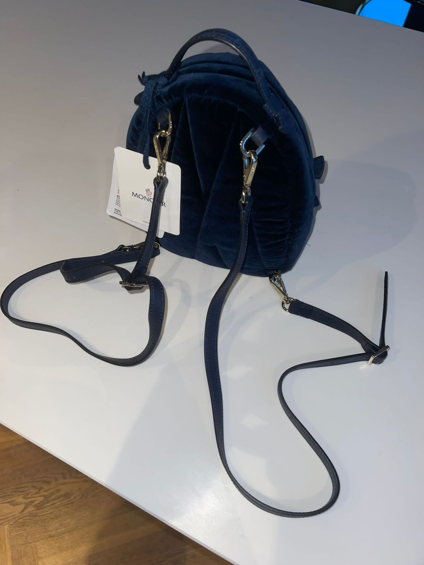 MONCLER 'JUNIPER' BACKPACK WITH DETACHABLE STRAPS. RRP £745.00 Navy velvet 'Juniper' backpack from - Image 3 of 4