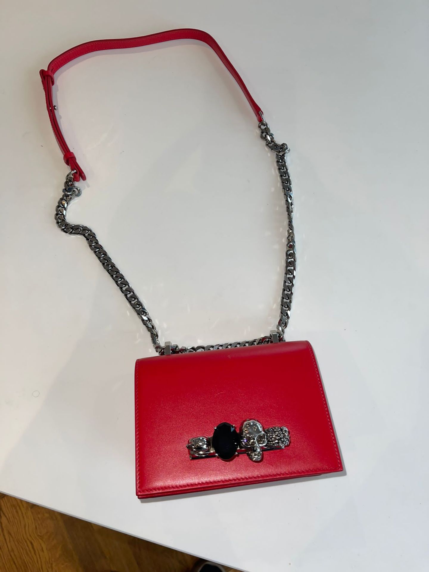 Alexander Mcqueen Red small Jewelled Satchel, RRP £1,650. Crafted from smooth calfskin, this compact